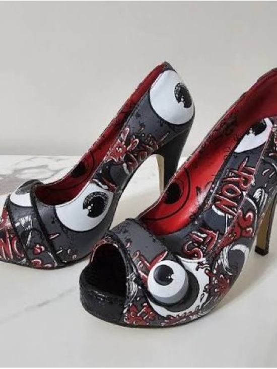 Iron Fist Shoes - Iron Fist Black & Red Graphic Peep-Toe Heels with Eyeball Motif